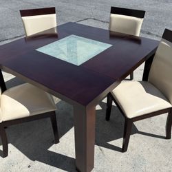 Keelin Solid Wood Base Dining Table with 4 Solid Wood Upholstered Side Chairs 