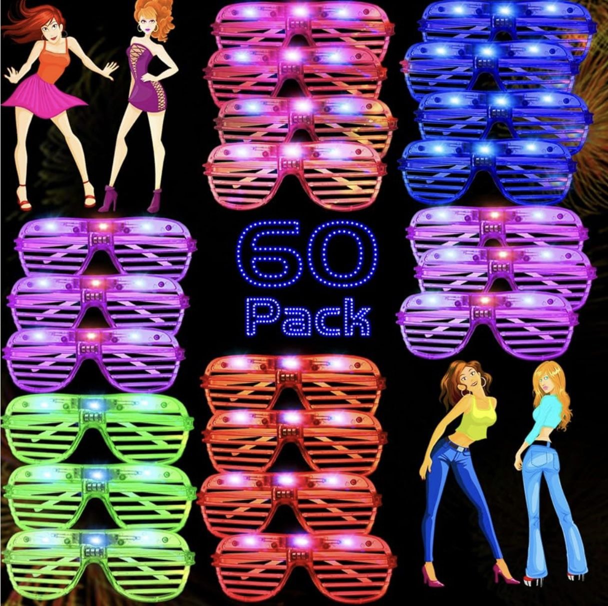 60 Pack GlowIn The Dark LED Party Glasses