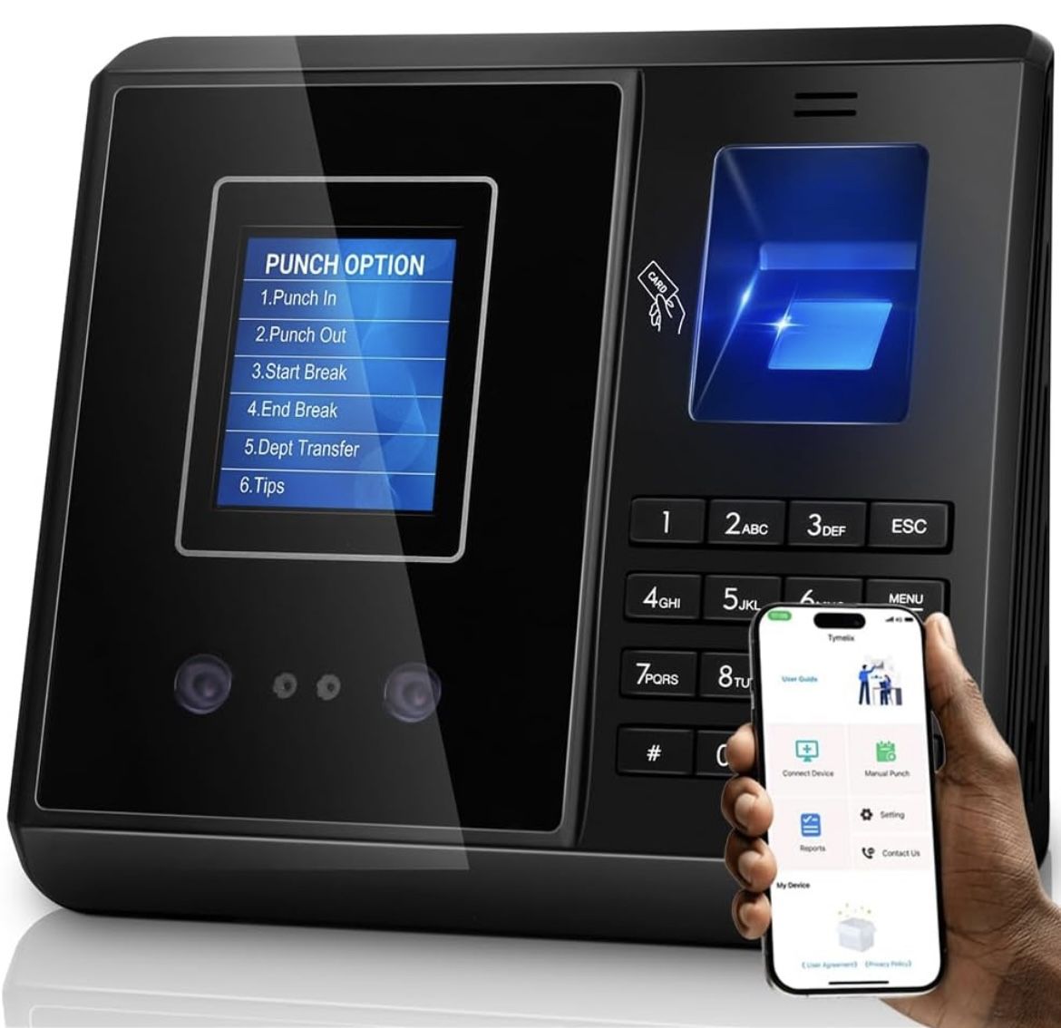 Time Clock for Small Business with App Control -Face, Fingerprint/Card/PIN, Local Data Storage,Time Card Machine No Monthly Fee,iOS/Android Compatible