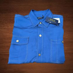 POLO RALPH LAUREN WOMENS SHIRT/TUNIC BUTTON DOWN W/GOLD STITCHING AND BUTTONS. SIZE XL 