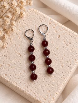 Red Beaded Drop Earrings with Silver Lever Backs