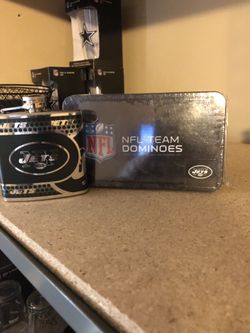 New York Jets double six dominoes and 6 oz stainless steel flask