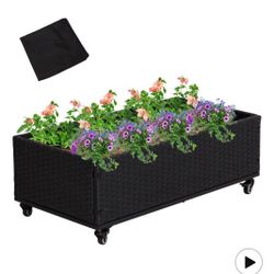 Raised Garden Bed - Elevated Rattan Planter Box with Storage Shelf, Wicker Garden Bed with Liner & Lockable Wheels for Garden, Patio, Balcony, Black