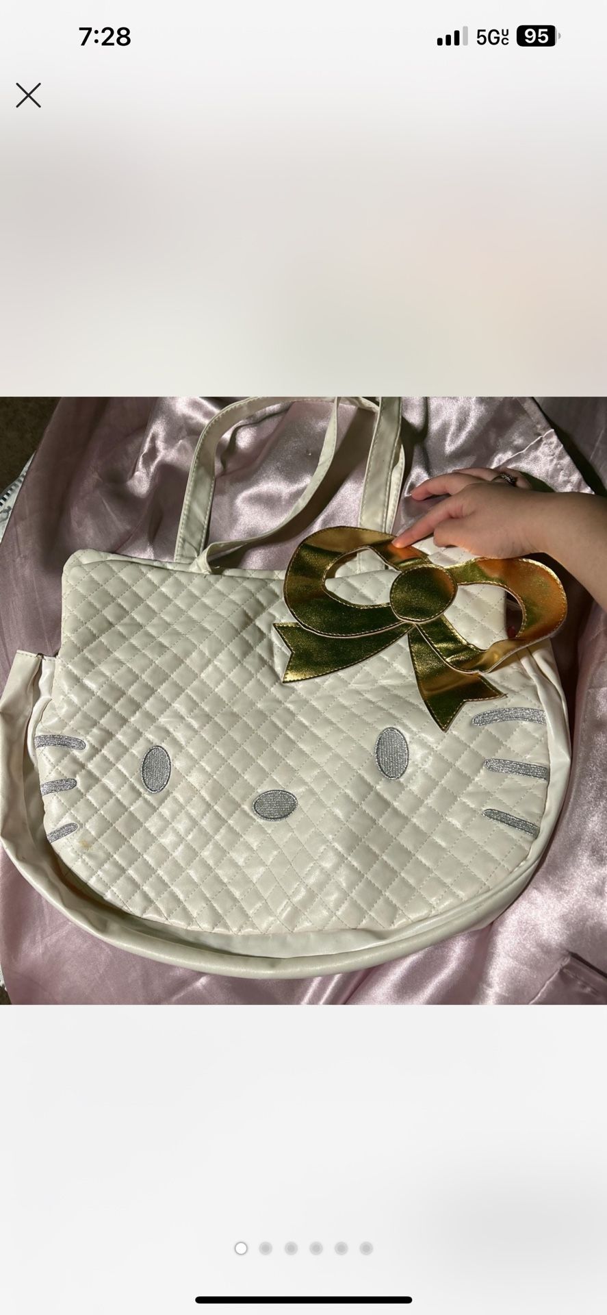 Hello Kitty Big Tote Quilted Bag Faux Leather White with Gold Bow Sanrio