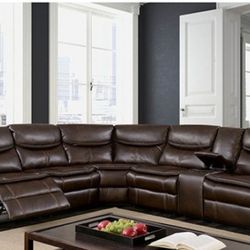 Brand New Brown Leather Reclining Sectional Sofa