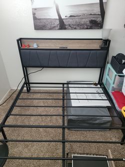 Full size, Metal Bed Frame with Upholstered Headboard