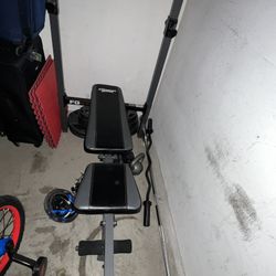 Weight bench, barbell, and weights for sell