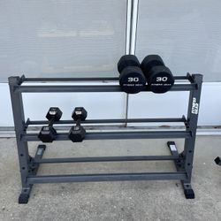 Weight Rack, 15lbs And 30lbs Dumbbells, Gym Bench, And Workout Floor Mats