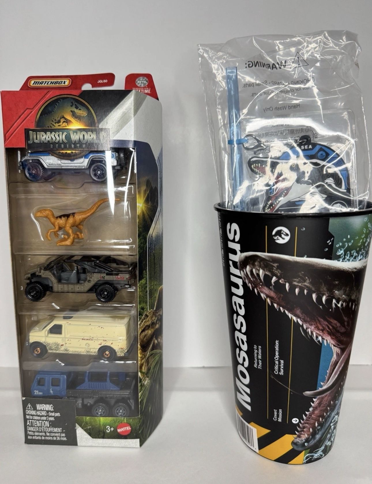 NEW 2025 Jurassic World Rebirth Bundle Die Cast Matchbox Cars Cup w/ Straw SET