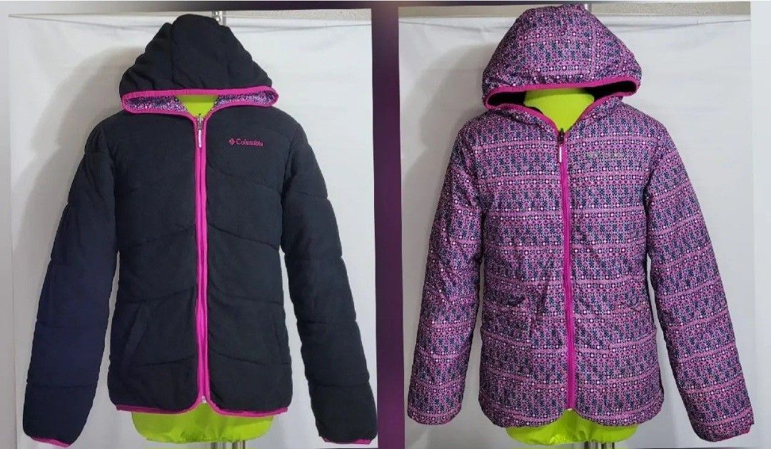 YOUTH KID GIRL TEEN COLUMBIA REVERSIBLE WINTER HOODIE PINK THICK WARM JACKET SIZE L 14 16

