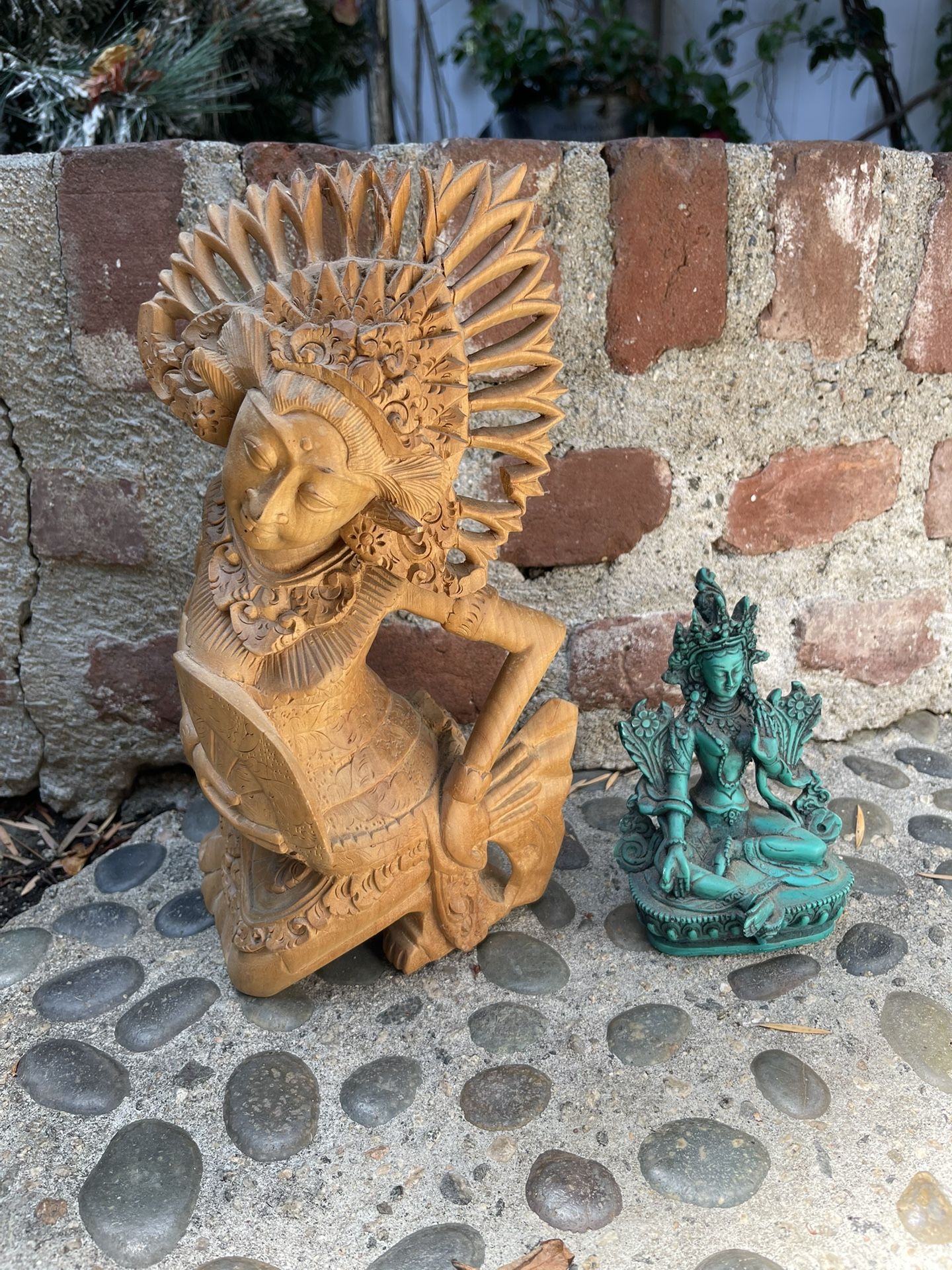 Wooden Hand Carved Indonesian Fan Janger Dancer and Green Raisin Tara Statue