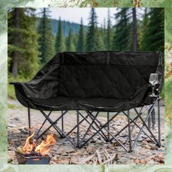 Black 57" Loveseat Foldable Outdoor Chair, Heavy Duty with Cup Holders. New, in box