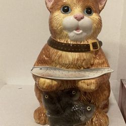 Vintage Cookie Jar Cat Holding Fish