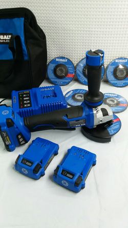 BRAND NEW!! KOBALT 24VOLT MAX LITHIUM-ION BRUSHLESS ANGLE GRINDER. Includes 3 batteries, 5 grinding wheels, 1 cut-off wheel, charger and storage bag.