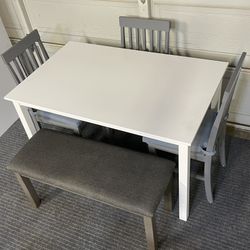 LIKE NEW 5-PC MINIMALIST LIGHT WEIGHT DINING SET (TABLE 3 CHAIRS WITH FABRIC PADS AND 1 PADDED BENCH)