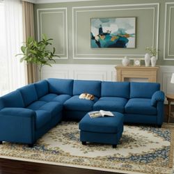 Corduroy Modular L-Shaped Navy 7-Seat Sectional Sofa for Living Room and Spacious Space