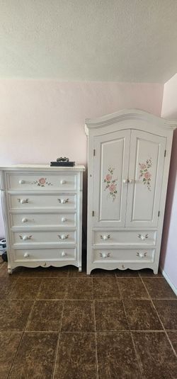 White Floral Dresser and Armoire Set