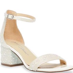 Blue by Betsey Johnson Mari Pearl Embellished Ankle Strap Block Heel Dress Sandals