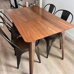 Modern Walnut Dining Table + 4 Metal Chairs – Excellent Condition
