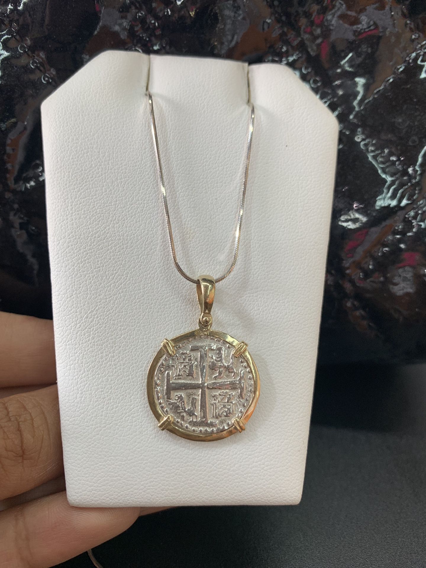 Atocha silver coin pendant in gold bezel with silver chain