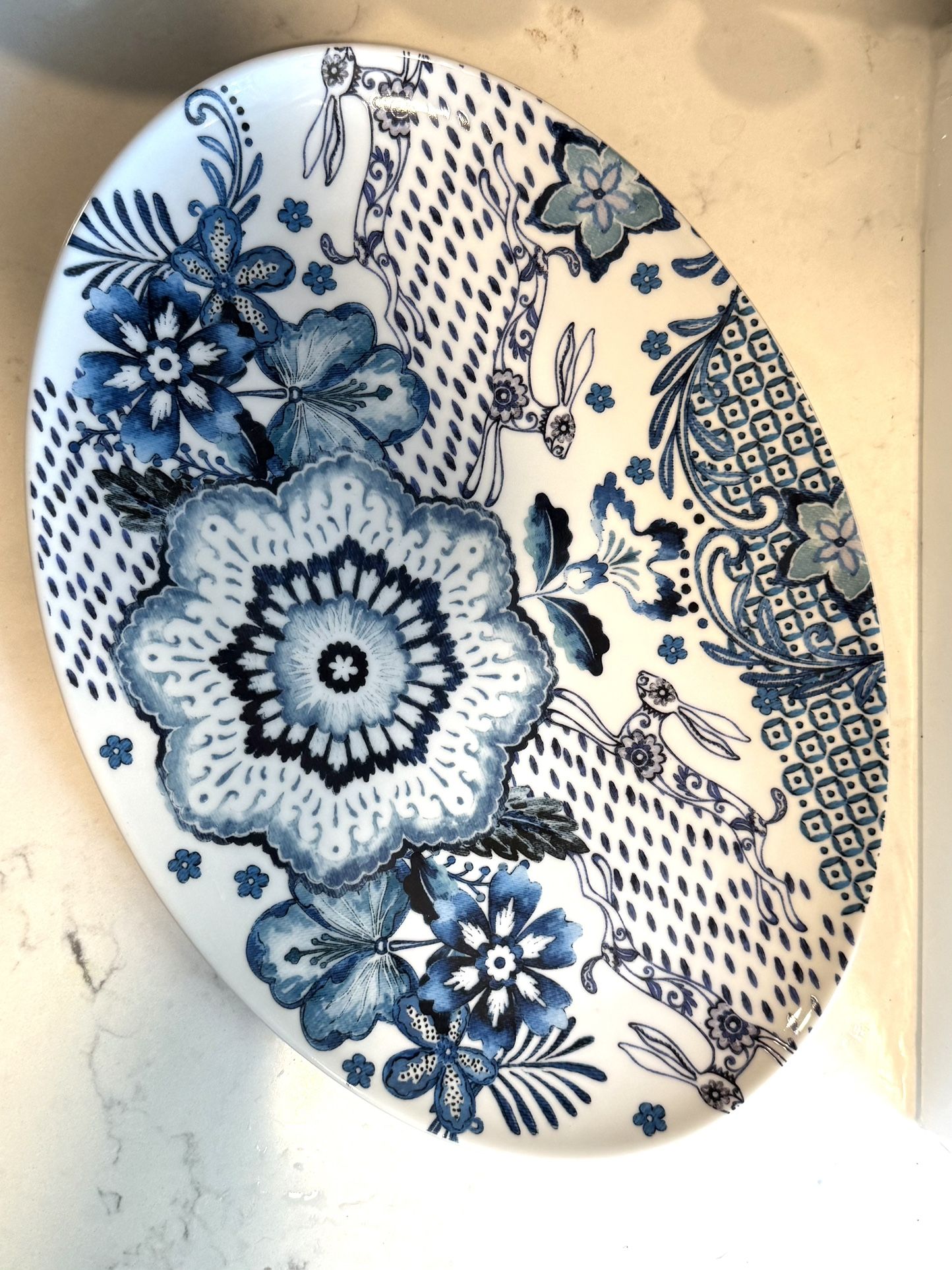 Adorable Blue Hare Pattern Platter - Blue & White Paisley Floral & Rabbits 14” x 9.5” by Pier 1 Imports