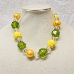 Vintage Style Statement Necklace  chunky beads in shades of lemon yellow and bright green beads