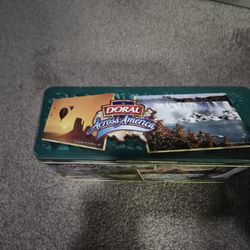 Vintage Doral Metal Tin Storage Container, Cigarette Advertising, Doral Across America, 10 x 4 1/2 x  4 inches.