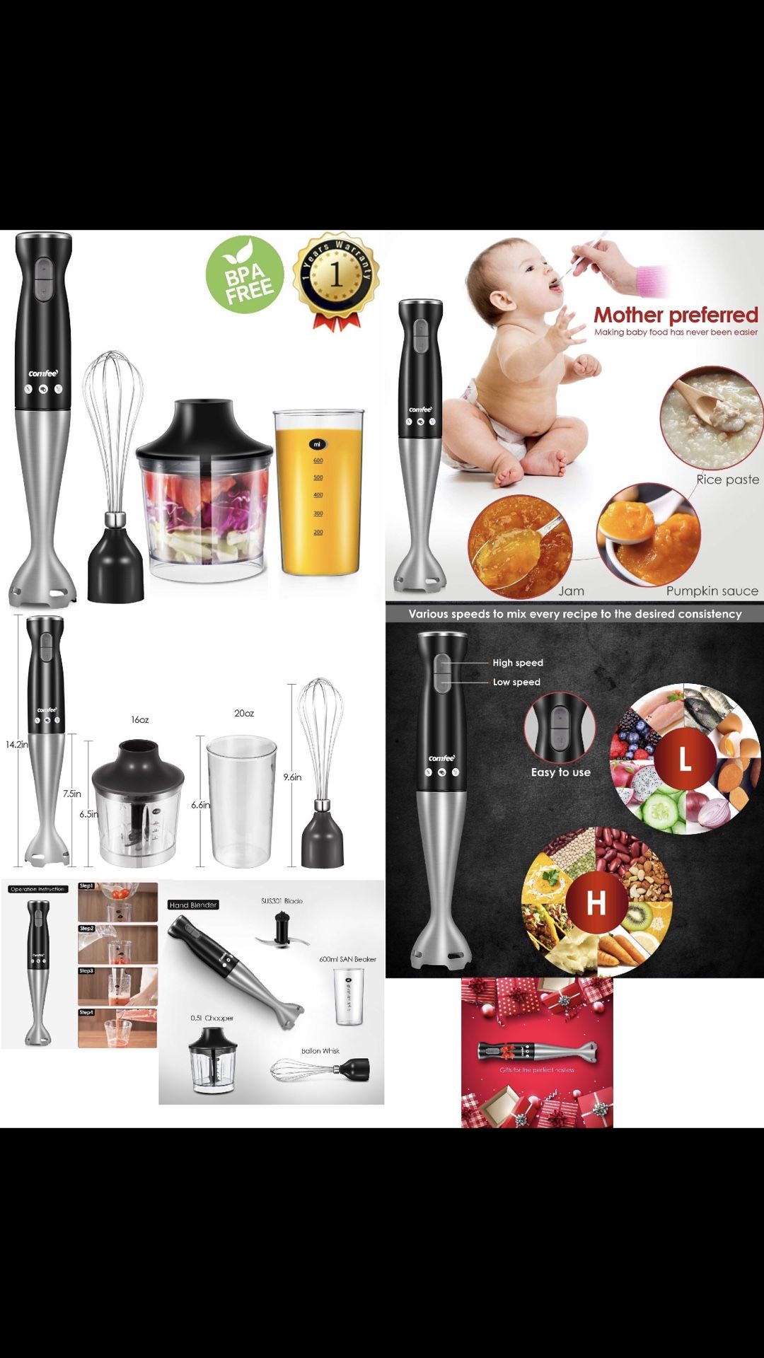 Electric Hand Immersion Blender, 4-in-1 Hand Mixer with 500ml Food Chopper, 600ml Beaker, Balloon Whisk, Stainless Steel Blending Shaft by Comfee