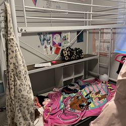 White Metal Loft Bed With Desk 