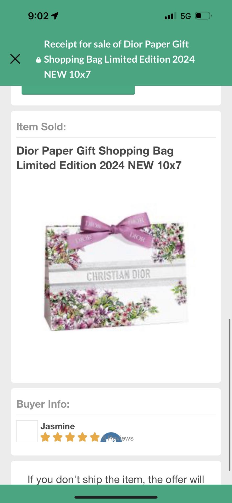 Dior Paper Gift Shopping Bag Limited Edition 2024 NEW 10x7