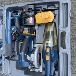 Combo Cordless Saw, Drill, Vacuum, Flashlight Battery Set 