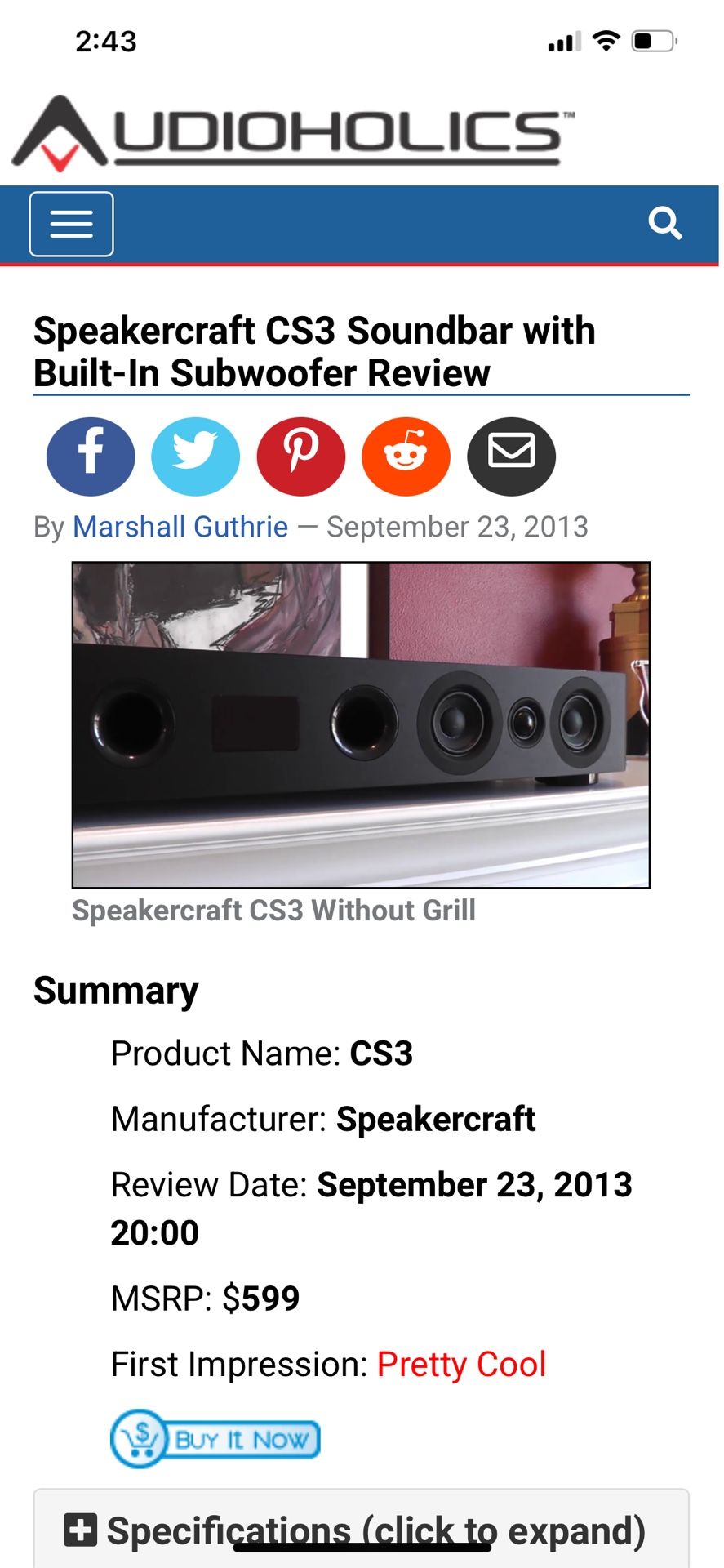 SpeakerCraft CS3 Soundbar W Built In Subs