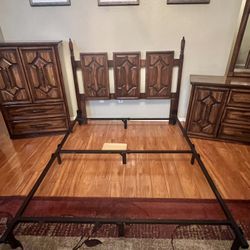 Vintage Solid Wood Bedroom Set with Dresser, Mirror, Wardrobe and Headboard
