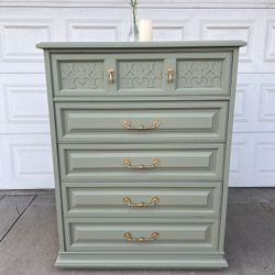 Beautiful Tall Green Dresser With Gold Hardware 
