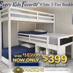 😍Beautiful White 3-Tier Twin Bunk Bed with Shelves – Space Saver! Delivery and Assembly Available 🚚 ⚒️ 