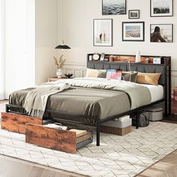 Full Size Bed Frame, Storage Headboard with Charging Station, Platform Bed with Drawers, Vintage Brown and Gray
