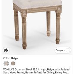 Ottoman Stool, 18.5 in High, Beige, with Padded Seat, Wood Frame, Button Tufted, for Dining, Living Room, Bedroom, Piano, Dressing, Vanity, Foot Rest