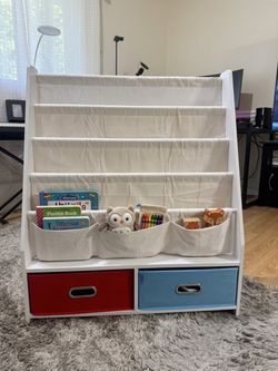 Kids Bookshelf with Storage Bins – White