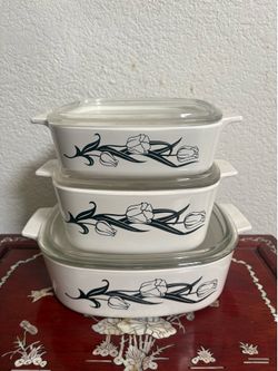 cacerolas/tapas vintage Corning Ware Tulip en blanco y negro