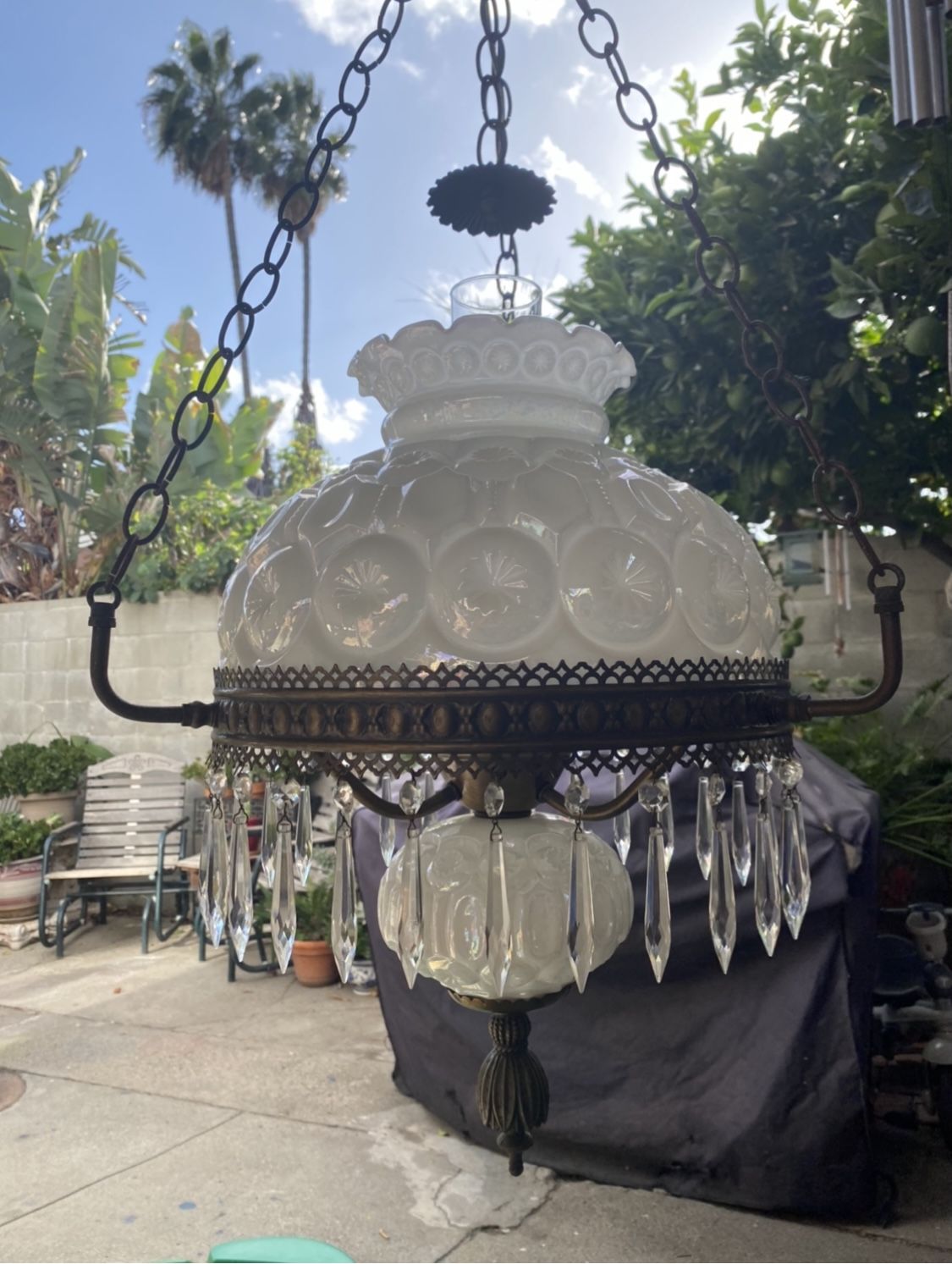Vintage White glass crystal Brass lamp chandelier