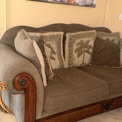 Classic Solid Wood Sofa with Palm Print Pillows