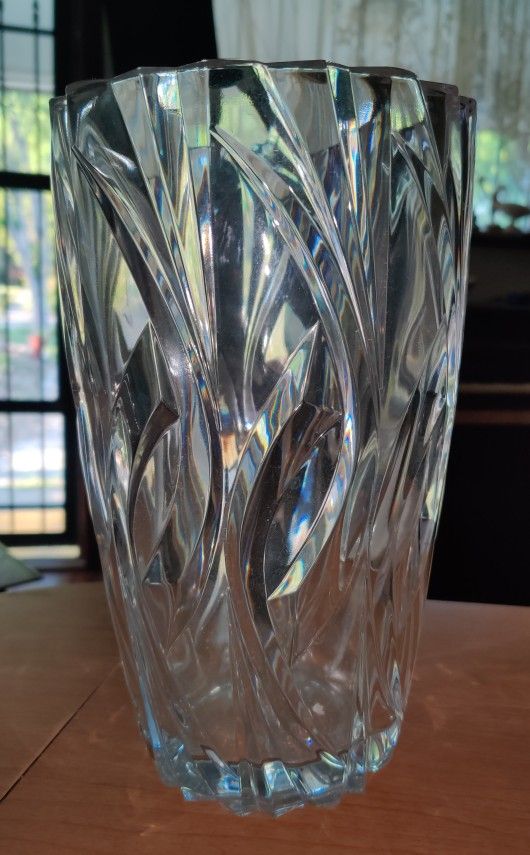 Heavy Vintage Cut Large Glass Swirl Pattern Vase