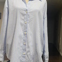 Zara Women's Oversized blue and white striped button-down