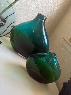 Teal Green Glass Vases Set of 2