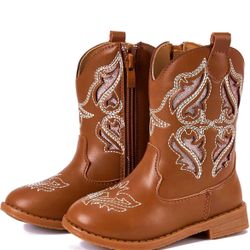 Newsonet Toddler Girls Cowboy Cowgirl Boots Round Toe Western Boots Mid Calf Side Zipper Riding Shoes for All Seasons Spring Summer Winter Fall