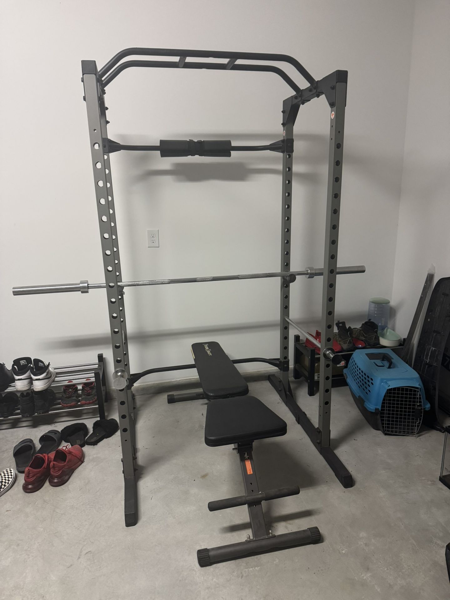 Weight Rack, Olympic Bar, Plates, Adjustable Bench. Full Set