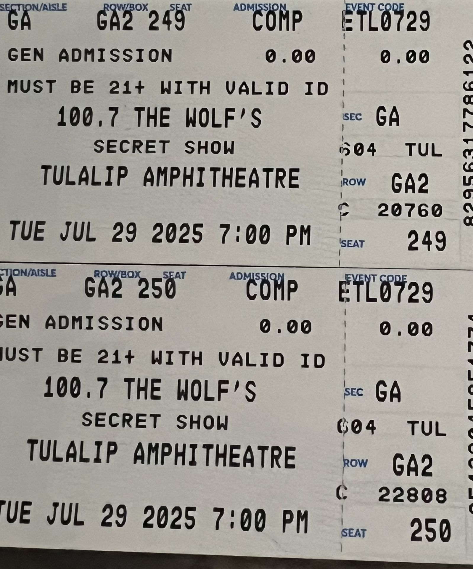 2 - 100.7 The Wolf Secret Show GA Physical Concert Tickets - July 29th 