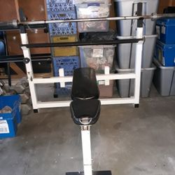Olympic  bench plus 255lbs weights for bar and weight storage rack 