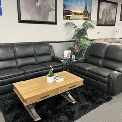 2PC Charcoal Sofa & Loveseat w/ Power Motion Recliners 