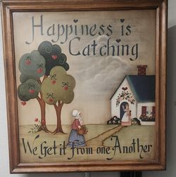 Vintage Framed Country Folk Art Wooden Sign "Happiness Is Catching" Americana